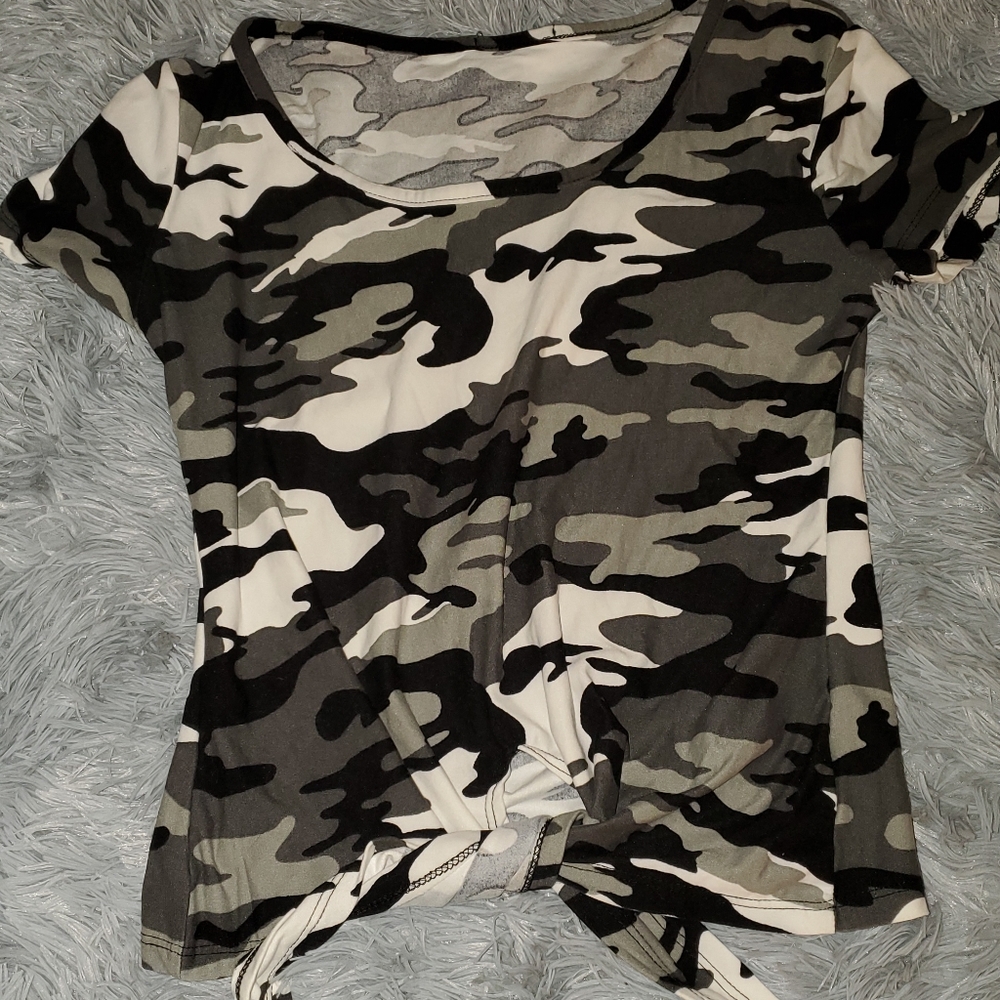 Black and White Camo Tie Front Shirt